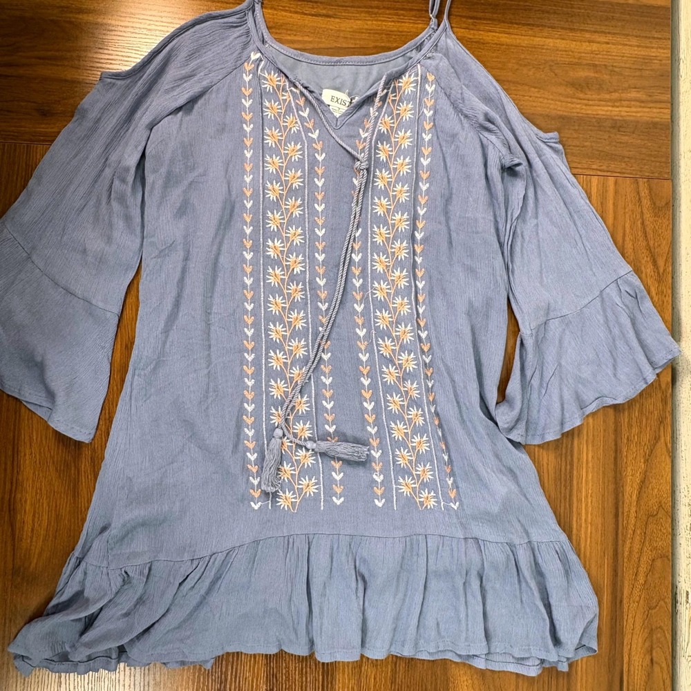 Exist Womens Vista Blue Embroidered Cold‎ Shoulder Boho Mini Dress S NWT Prairie
